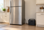A generic portable battery power station connected to a closed silver refrigerator in a bright kitchen.