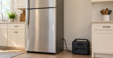 A generic portable battery power station connected to a closed silver refrigerator in a bright kitchen.