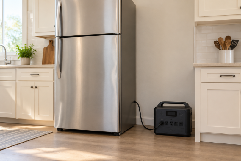 A generic portable battery power station connected to a closed silver refrigerator in a bright kitchen.