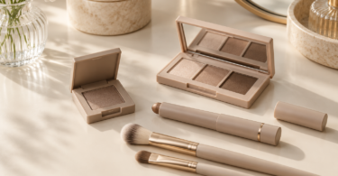 Unbranded neutral eyeshadow compacts, a cream eyeshadow stick and two brushes on a light vanity.