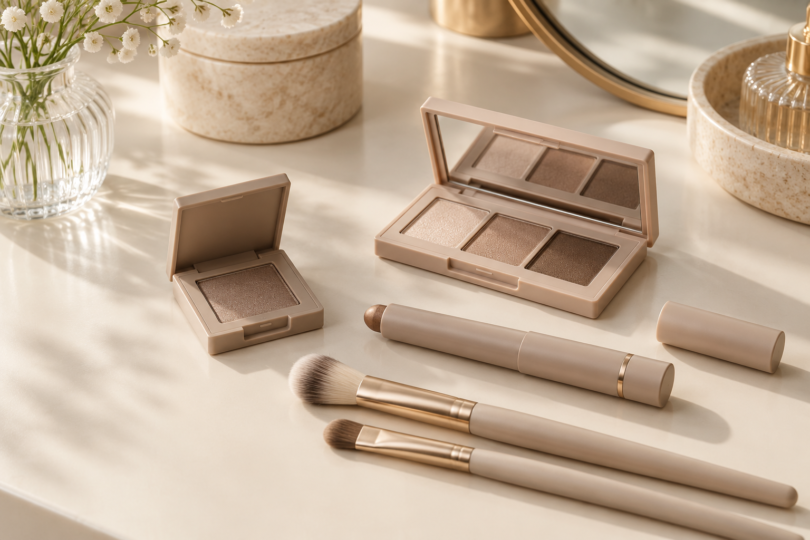 Unbranded neutral eyeshadow compacts, a cream eyeshadow stick and two brushes on a light vanity.