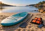 Unbranded paddleboard, paddle, orange flotation vest and phone pouch on a sheltered beach