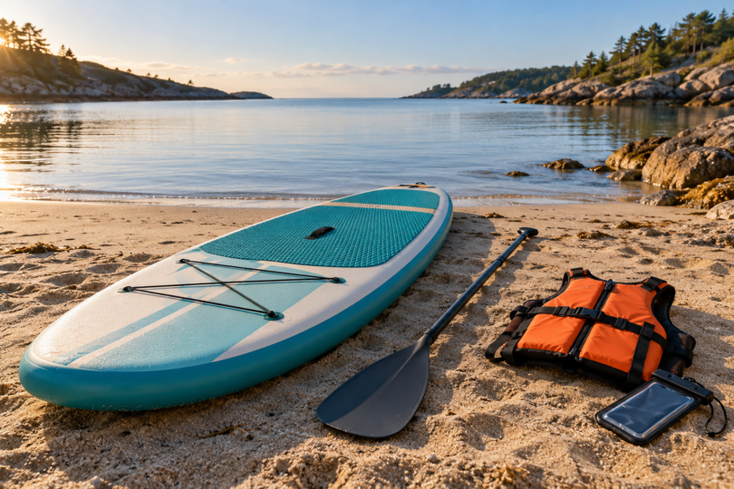 Unbranded paddleboard, paddle, orange flotation vest and phone pouch on a sheltered beach