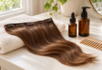 A brown clip-in hair weft rests on a white towel beside two unbranded amber bottles and a wooden wide-tooth comb.