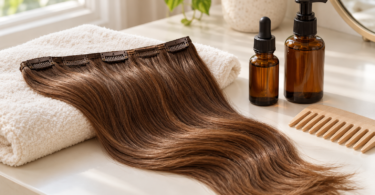 A brown clip-in hair weft rests on a white towel beside two unbranded amber bottles and a wooden wide-tooth comb.