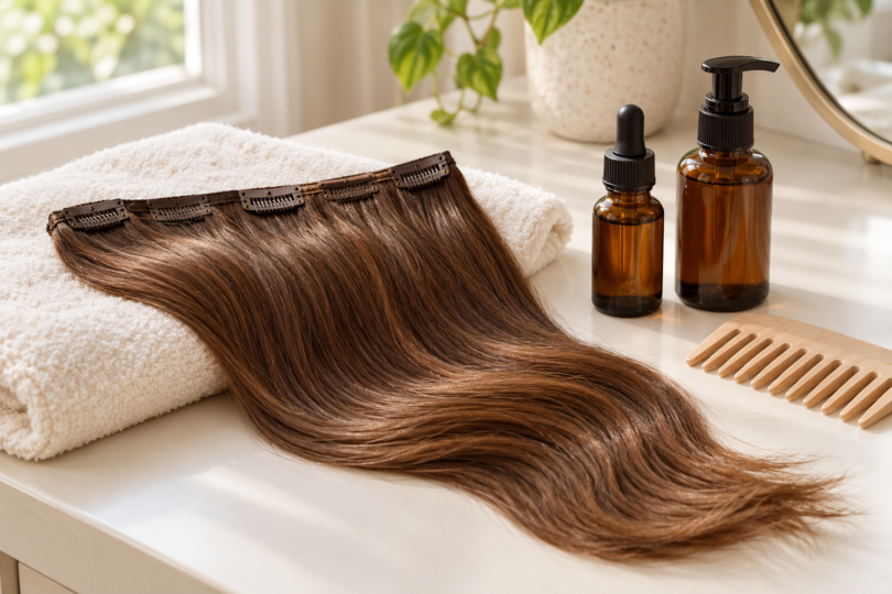 A brown clip-in hair weft rests on a white towel beside two unbranded amber bottles and a wooden wide-tooth comb.