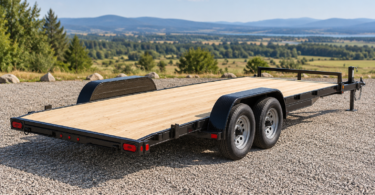 Empty unbranded black tandem-axle car-hauler trailer with a wood deck parked on a gravel lot.