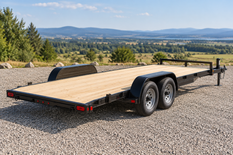 Empty unbranded black tandem-axle car-hauler trailer with a wood deck parked on a gravel lot.