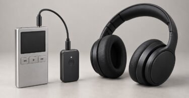 Illustration of a portable music player connected to a wireless audio transmitter beside headphones