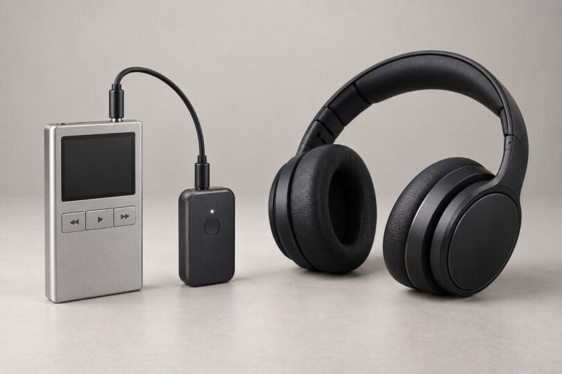 Illustration of a portable music player connected to a wireless audio transmitter beside headphones