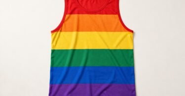 Illustration of rainbow-striped sleeveless athletic tank top laid flat on an off-white surface
