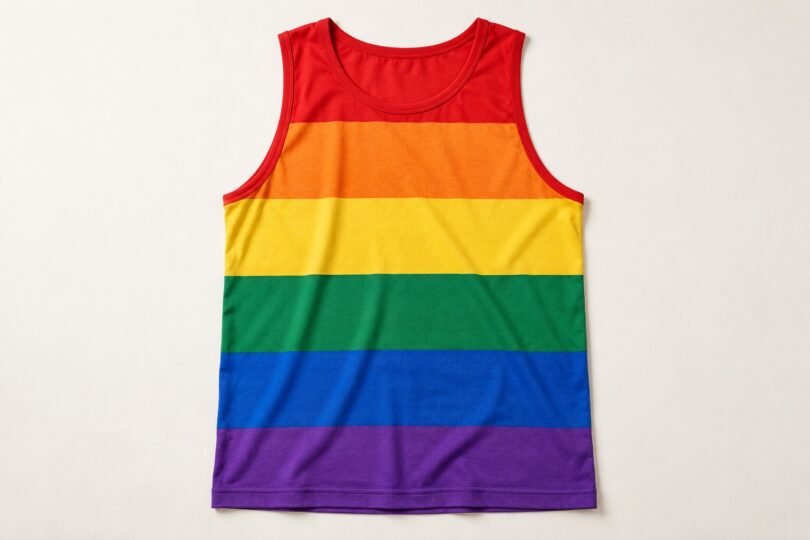 Illustration of rainbow-striped sleeveless athletic tank top laid flat on an off-white surface