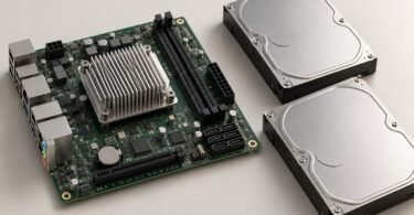Illustration of a compact motherboard beside two storage drives