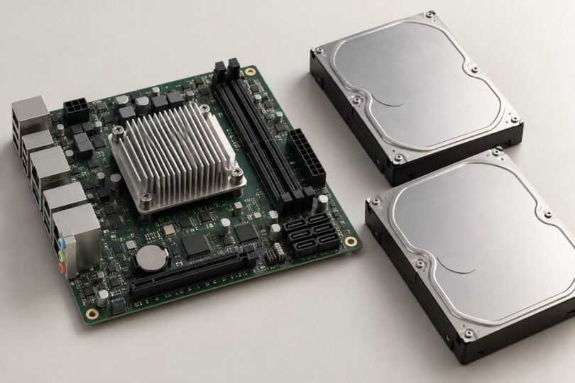 Illustration of a compact motherboard beside two storage drives