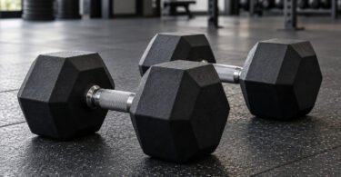 Illustration of two black hex dumbbells with silver handles on a rubber gym floor