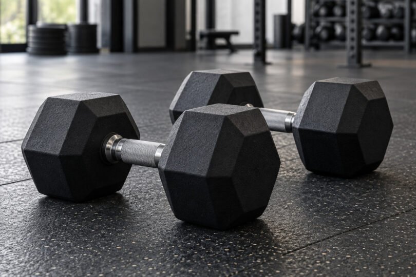 Illustration of two black hex dumbbells with silver handles on a rubber gym floor
