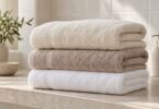 Illustration of three plush folded bath towels in cream, taupe, and white stacked on a bathroom shelf