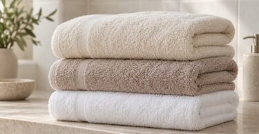 Illustration of three plush folded bath towels in cream, taupe, and white stacked on a bathroom shelf