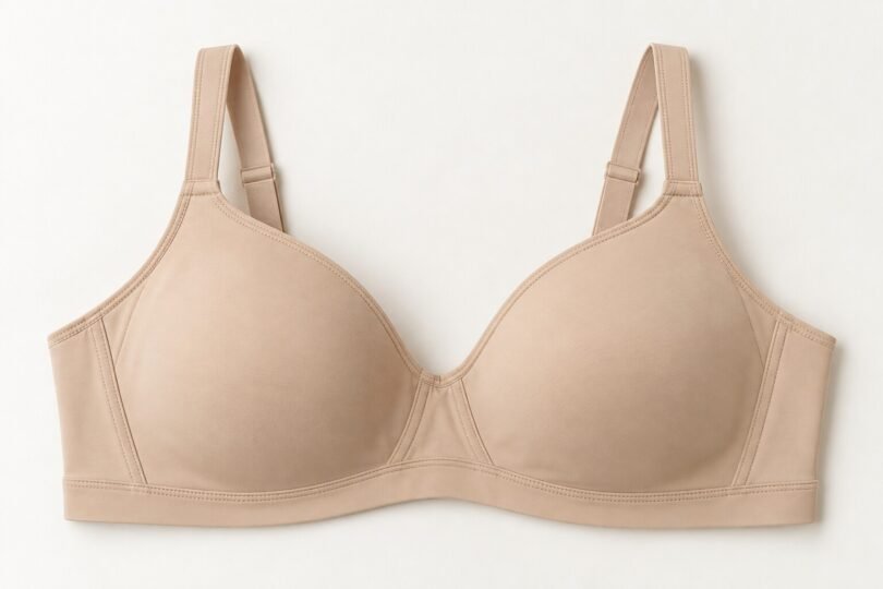 Illustration of plain beige full-coverage bra with adjustable straps laid flat on an ivory surface