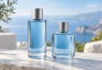 Illustration of two unlabeled blue fragrance bottles with silver caps on a pale stone surface