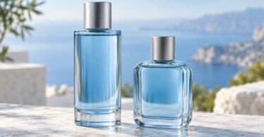 Illustration of two unlabeled blue fragrance bottles with silver caps on a pale stone surface