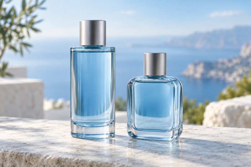 Illustration of two unlabeled blue fragrance bottles with silver caps on a pale stone surface