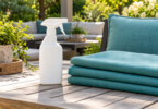 A plain spray bottle beside folded teal fabric and a patio cushion on an outdoor table.