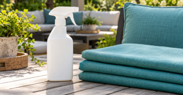 A plain spray bottle beside folded teal fabric and a patio cushion on an outdoor table.