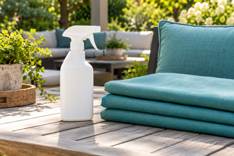 A plain spray bottle beside folded teal fabric and a patio cushion on an outdoor table.