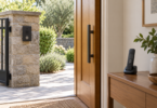 A generic dark intercom on a stone gate pillar beside an open wooden door, with a cordless handset on an indoor console.