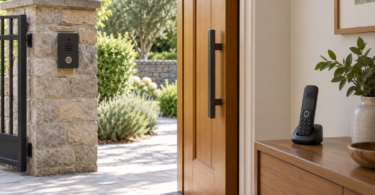 A generic dark intercom on a stone gate pillar beside an open wooden door, with a cordless handset on an indoor console.