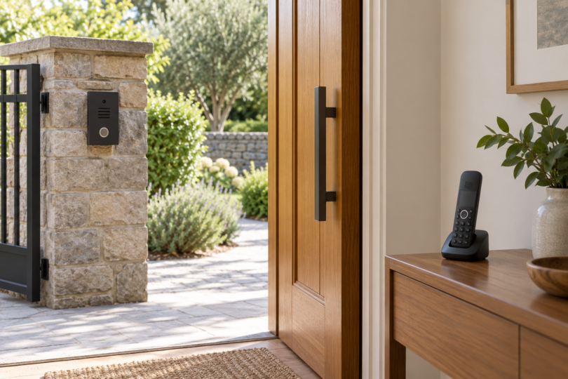 A generic dark intercom on a stone gate pillar beside an open wooden door, with a cordless handset on an indoor console.