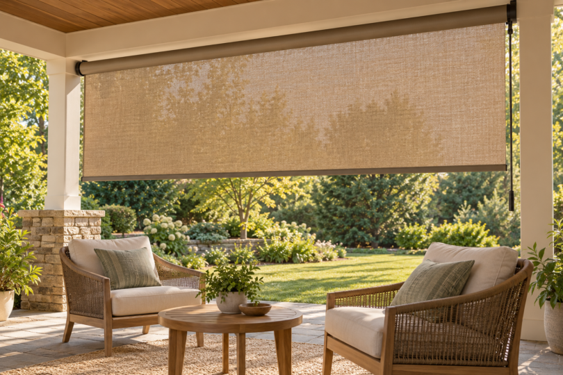 A tan woven roller shade hangs above two cushioned chairs and a round wooden table on a covered patio facing a leafy garden.