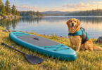 Illustration of a dog wearing a canine flotation vest beside a paddle board and paddle on a grassy lakeshore