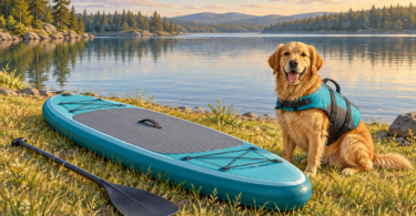 Illustration of a dog wearing a canine flotation vest beside a paddle board and paddle on a grassy lakeshore