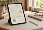 A tablet in portrait orientation shows an illustrated document with colored highlights and charts beside a stylus, notebook and reading glasses.