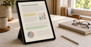 A tablet in portrait orientation shows an illustrated document with colored highlights and charts beside a stylus, notebook and reading glasses.