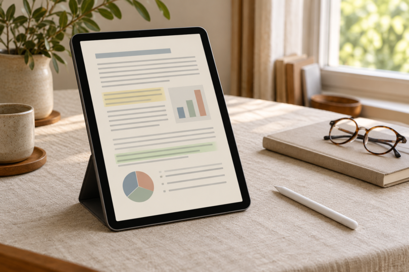 A tablet in portrait orientation shows an illustrated document with colored highlights and charts beside a stylus, notebook and reading glasses.