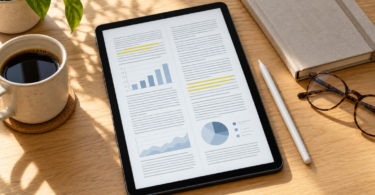 A tablet displaying a two-column document with charts and yellow highlights beside a stylus, notebook and reading glasses on a wooden desk.