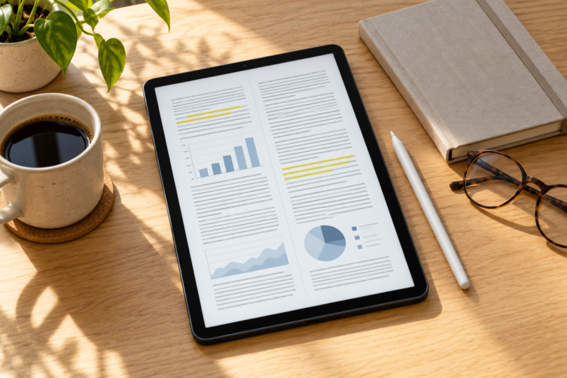 A tablet displaying a two-column document with charts and yellow highlights beside a stylus, notebook and reading glasses on a wooden desk.