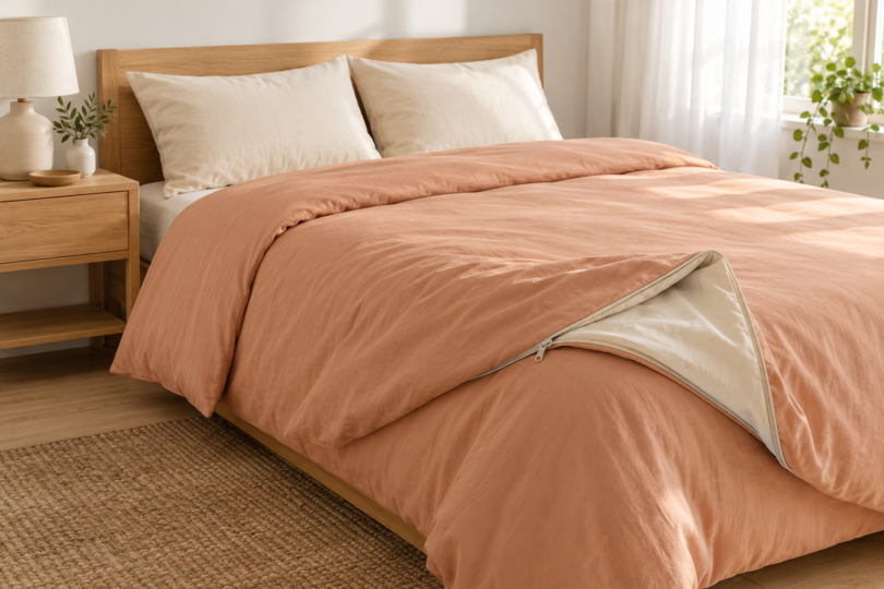 A bed with plain peach bedding, two cream pillows and a folded corner showing a light lining and zipper.
