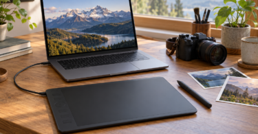 An unbranded screenless pen tablet and stylus sit on a wooden desk beside a laptop displaying a mountain photo, a camera and photographic prints.