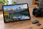 A tablet displaying a mountain lake photograph beside a camera, card reader and memory card.