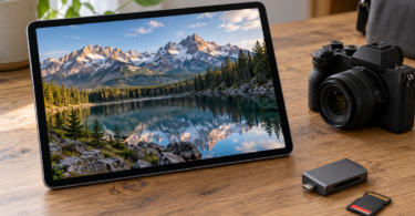 A tablet displaying a mountain lake photograph beside a camera, card reader and memory card.