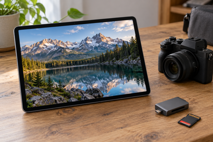 A tablet displaying a mountain lake photograph beside a camera, card reader and memory card.