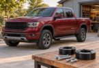 Illustration of an unbranded burgundy pickup parked outside a workshop with generic spacers and bolts on a workbench
