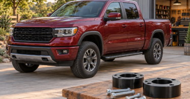 Illustration of an unbranded burgundy pickup parked outside a workshop with generic spacers and bolts on a workbench