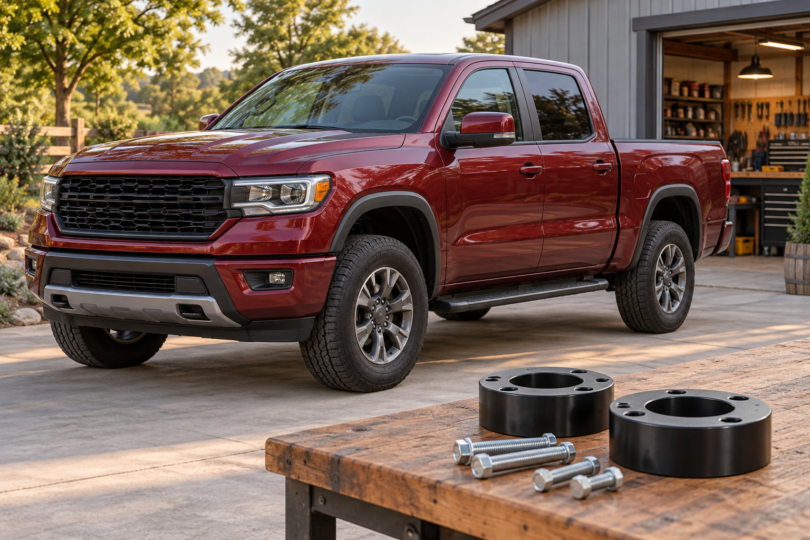 Illustration of an unbranded burgundy pickup parked outside a workshop with generic spacers and bolts on a workbench