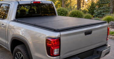A closed black tonneau cover on the bed of a generic unbranded silver pickup truck.
