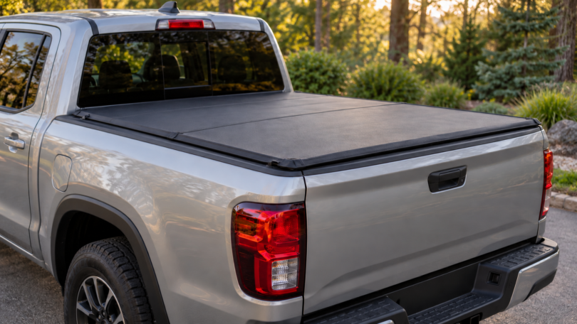A closed black tonneau cover on the bed of a generic unbranded silver pickup truck.